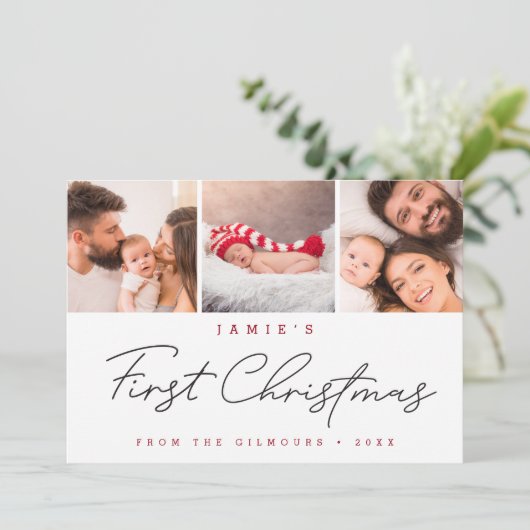 Moderne Baby's Eerste Kerstmis Custom 3 Foto's Feestdagenkaart (Staand voorkant)