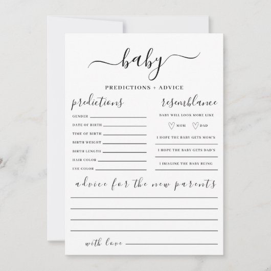 Moderne Babyvoorspellingenkaart Baby Shower Spel, Kaart (Voorkant)
