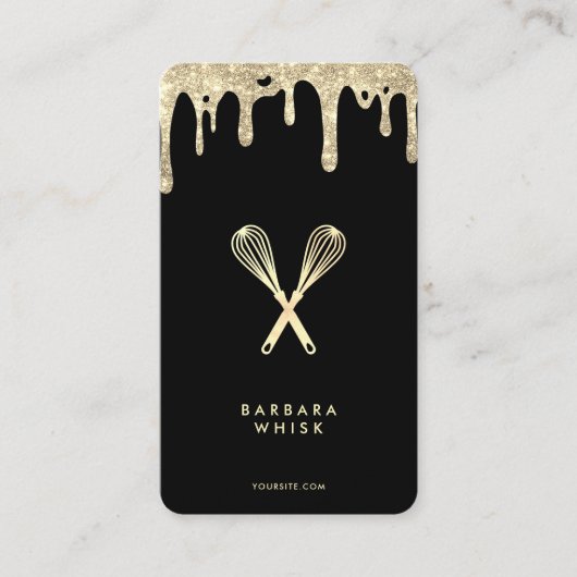 Moderne bakkerij gebak Whisk Zwart Goud Drip Visitekaartje (Voorkant)