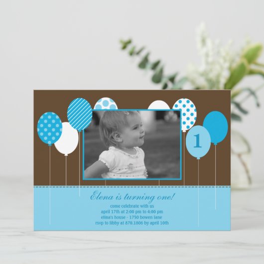 Moderne ballonnen Foto Birthday Uitnodiging - Blau (Staand voorkant)