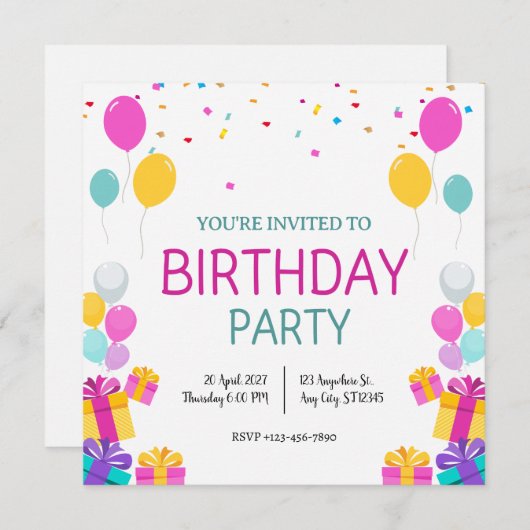 Moderne ballonnen verjaardagsfeestuitnodiging kaart (Voorkant / Achterkant)