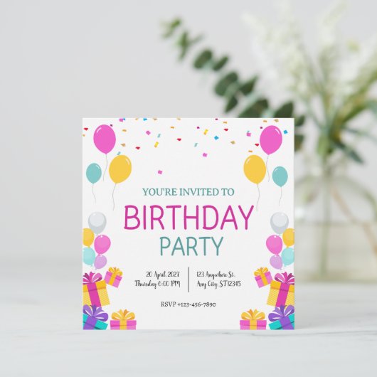 Moderne ballonnen verjaardagsfeestuitnodiging kaart (Staand voorkant)
