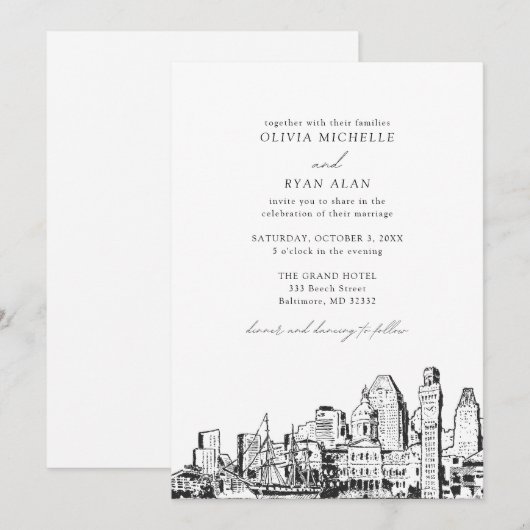 Moderne Baltimore skyline zwart & wit bruiloft Kaart (Voorkant / Achterkant)