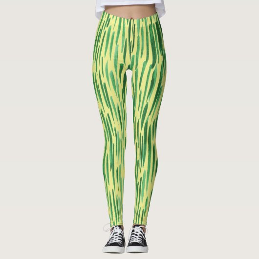 Moderne Bamboe Pattern Oerwoud Vibe Green Stripes Leggings (Voorkant)