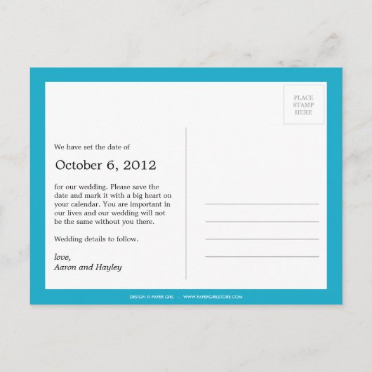 Moderne band Save the Date Briefkaart (turquoise) (Achterkant)