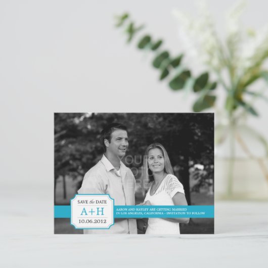 Moderne band Save the Date Briefkaart (turquoise) (Staand voorkant)