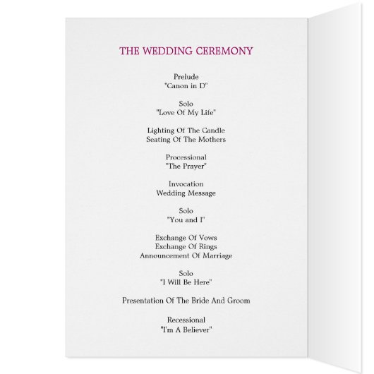 Moderne Band Wedding Program Card (Fuchsia) (Binnen (Links))
