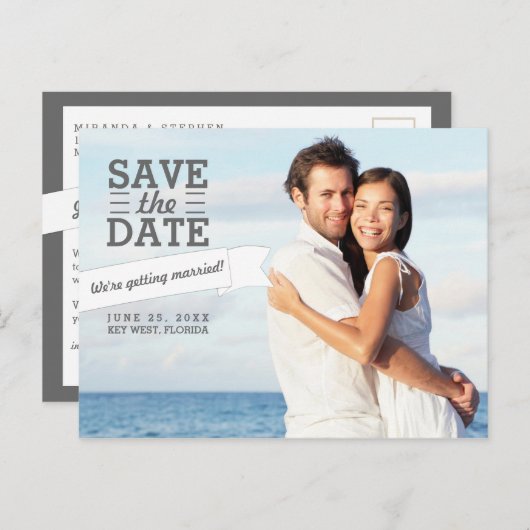 Moderne banner Bewaar de datum bruiloft foto Brief Aankondigingskaart (Voorkant / Achterkant)