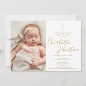 Moderne Baptism Christening Golden Script Foto Kaart (Voorkant)