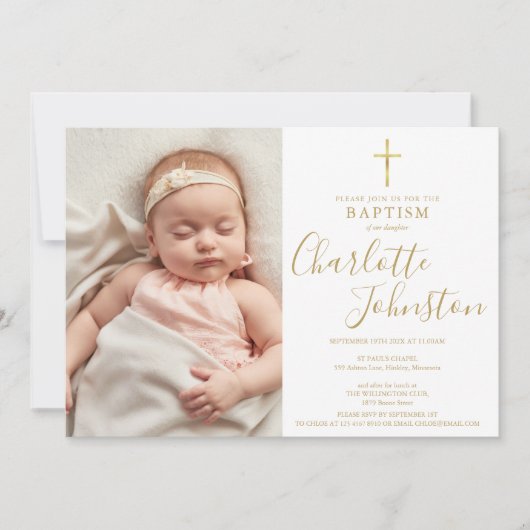 Moderne Baptism Christening Golden Script Foto Kaart (Voorkant)