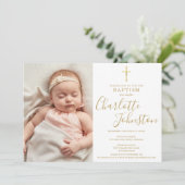 Moderne Baptism Christening Golden Script Foto Kaart (Staand voorkant)