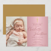 Moderne Baptism Christening Roos Gold Script Foto Kaart (Voorkant / Achterkant)