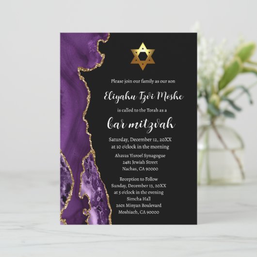 Moderne Bar Mitswa in zwart paars en goud Kaart (Staand voorkant)