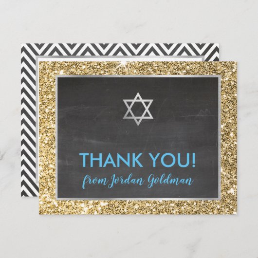 MODERNE BAR MITZVAH dank u gouden glitter grijs Bedankkaart (Voorkant / Achterkant)