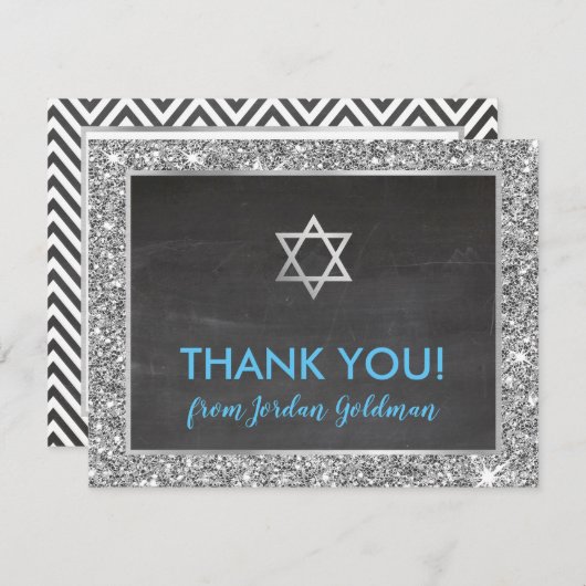 MODERNE BAR MITZVAH dank u zilveren glitter grijs Bedankkaart (Voorkant / Achterkant)