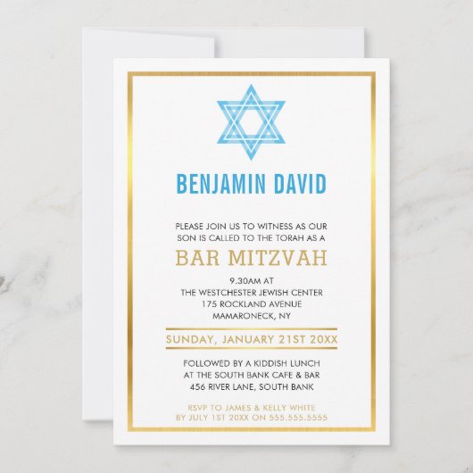 MODERNE BAR MITZVAH INVITE goudblauwe joodse ster Kaart (Voorkant)