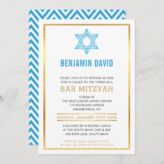 MODERNE BAR MITZVAH INVITE goudblauwe joodse ster Kaart (Voorkant / Achterkant)