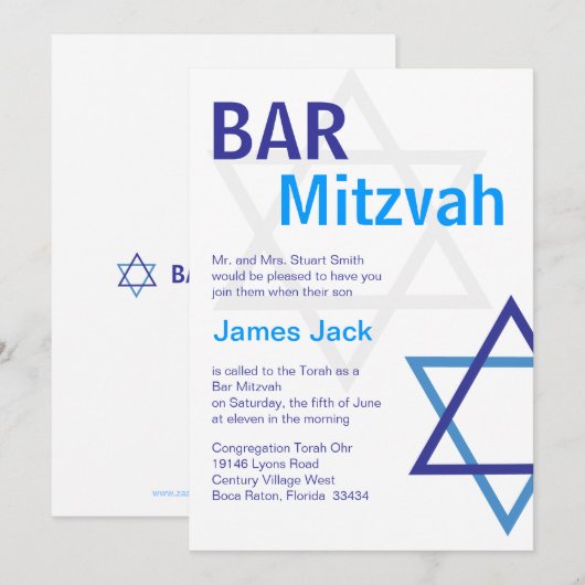 Moderne Bar Mitzvah Invitio - Blauw & wit Kaart (Voorkant / Achterkant)