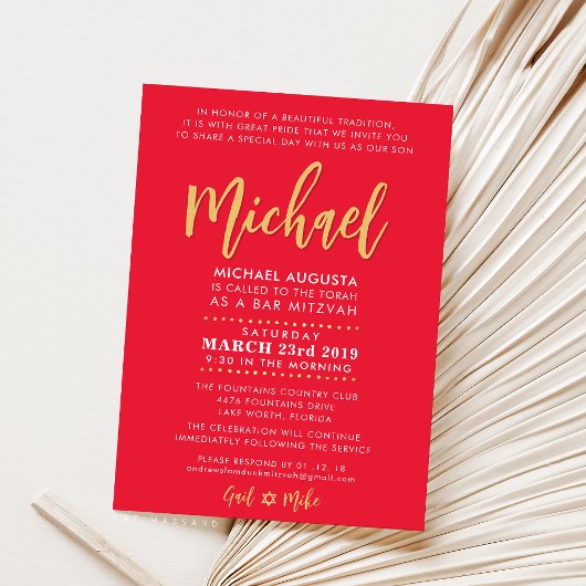 Moderne Bar Mitzvah jongen modern rood + goud Kaart