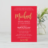 Moderne Bar Mitzvah jongen modern rood + goud Kaart (Staand voorkant)