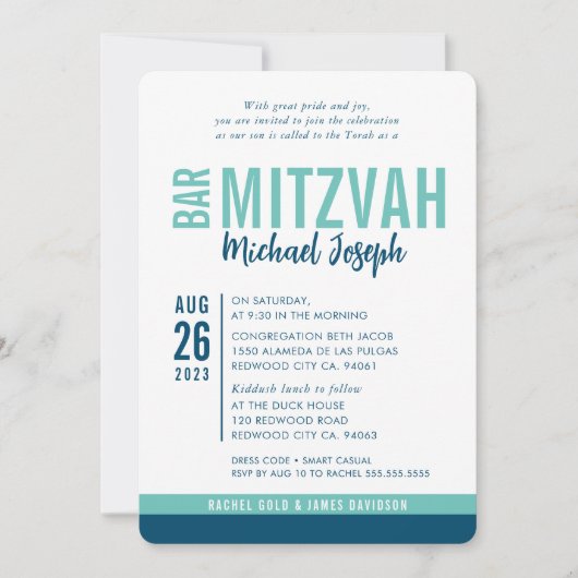 MODERNE BAR MITZVAH trendy date blauw mint groen Kaart (Voorkant)