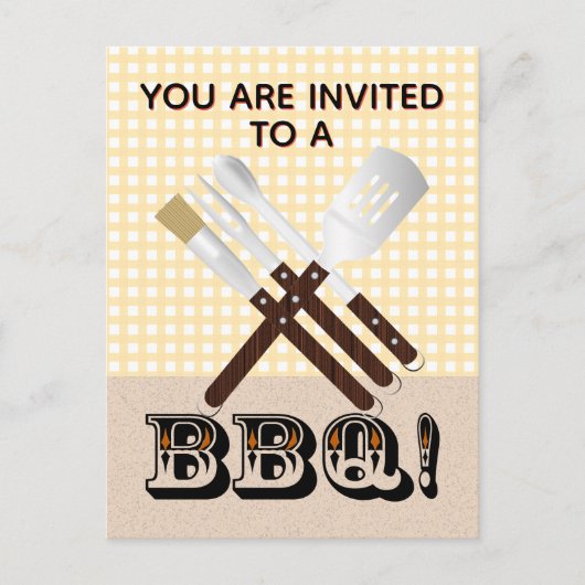 Moderne Barbecue Gereedschap op Gingham Uitnodiging Briefkaart (Voorkant)