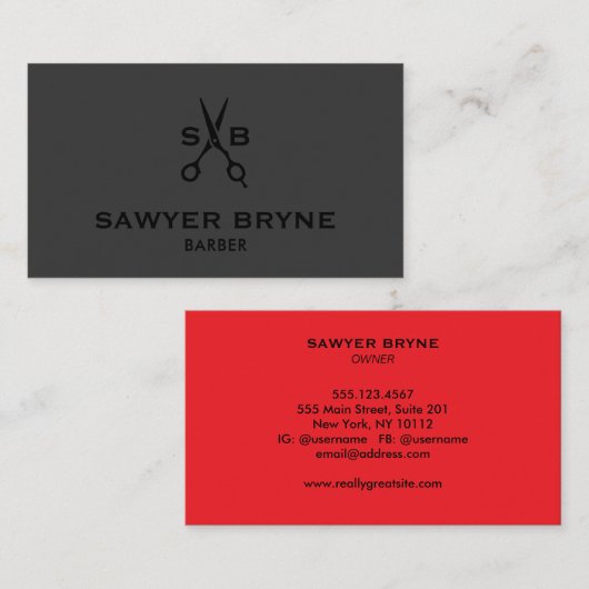 Moderne Barber Hair Stylist Schaar Zwart Rood Visitekaartje (Voorkant / Achterkant)