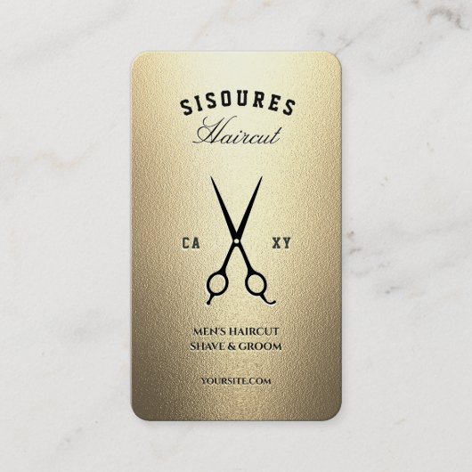 Moderne Barber Zwarte Schaar Gouden Barbershop Visitekaartje (Voorkant)
