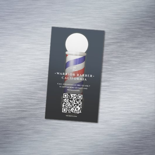 Moderne Barber's Pole Barbershop Barber QR Magnetisch Visitekaartje (Voorbeeld)