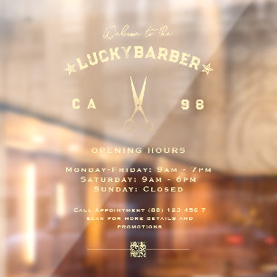 Moderne Barbershop Gold Scissors openingsuren QR Raamsticker