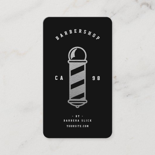 Moderne Barbershop Kapsel Zwart Zilveren Barber Po Visitekaartje (Voorkant)