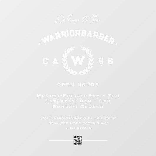Moderne barbershop monogram opening uren QR Raamsticker (Vel)