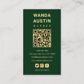 Moderne barberzaag donkergroen goud QR-code  Visitekaartje (Achterkant)