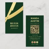 Moderne barberzaag donkergroen goud QR-code  Visitekaartje (Voorkant / Achterkant)