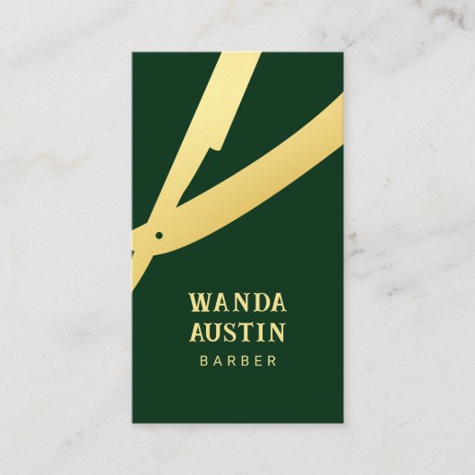 Moderne barberzaag donkergroen goud QR-code  Visitekaartje (Voorkant)