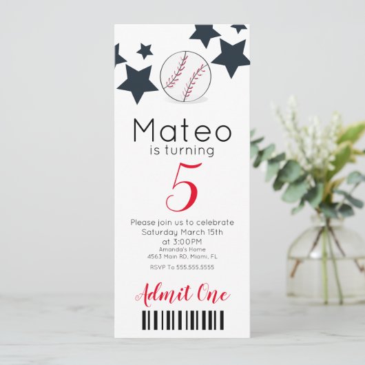 Moderne Baseball Pattern Ticket Style Party Kaart (Staand voorkant)