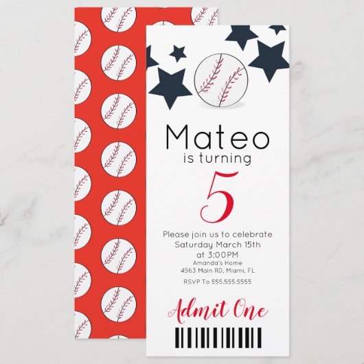 Moderne Baseball Pattern Ticket Style Party Kaart (Voorkant / Achterkant)