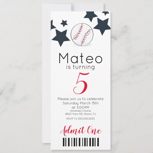 Moderne Baseball Pattern Ticket Style Party Kaart (Voorkant)