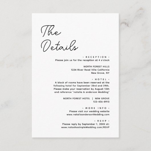 Moderne Basic Plain Zwart Wit Bruiloft Details Informatiekaartje (Voorkant)