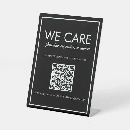 Moderne basis zwarte QR-code Feedbackteller Teken Reclamebord Met Voetstuk (Voorkant)
