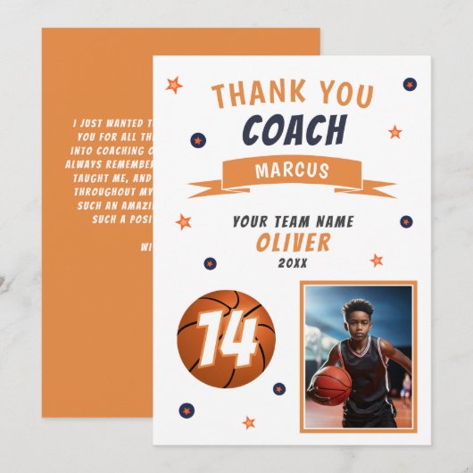 Moderne Basketbal Foto Bedankt Coach Kaart (Voorkant / Achterkant)