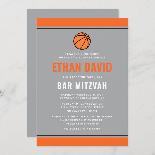 Moderne basketbal lichtgrijs en oranje bar mitswa kaart (Voorkant / Achterkant)