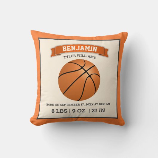 Moderne Basketball Baby Birth Stats Kussen (Voorkant)