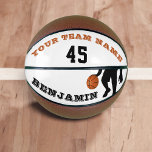 Moderne Basketball met de Naam van het Team van de Basketbal<br><div class="desc">Moderne en Aangepaste Basketball met de naam van het team van de Speler. Het ontwerp heeft een zwart silhouet van een basketbalspeler met een basketbal. De tekst is in moderne lettertypen - personaliseer de tekst met uw teamnaam, nummer en jouw naam. Om de bal aan te passen klik de aanpassingsknoop...</div>