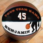 Moderne Basketball met teamnaamnummer Basketbal<br><div class="desc">Moderne en Aangepaste Basketball met teamnaamnummer. Het ontwerp heeft een zwart silhouet van een basketbalspeler met een basketbal. De tekst is in moderne lettertypen - personaliseer de tekst met uw teamnaam, nummer en jouw naam. Om de bal aan te passen klik de aanpassingsknoop en gebruik gemakkelijk het ontwerphulpmiddel. Perfect cadeau...</div>