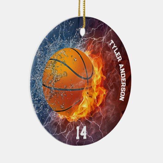 Moderne basketbalnaam en spelersnummer Fire Ice Keramisch Ornament (Rechts)