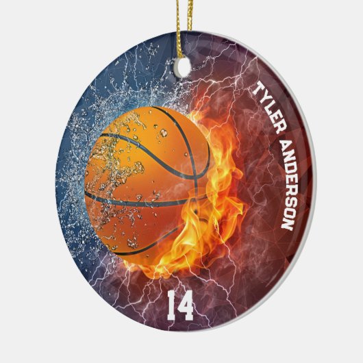 Moderne basketbalnaam en spelersnummer Fire Ice Keramisch Ornament (Links)