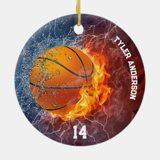 Moderne basketbalnaam en spelersnummer Fire Ice Keramisch Ornament (Achterkant)