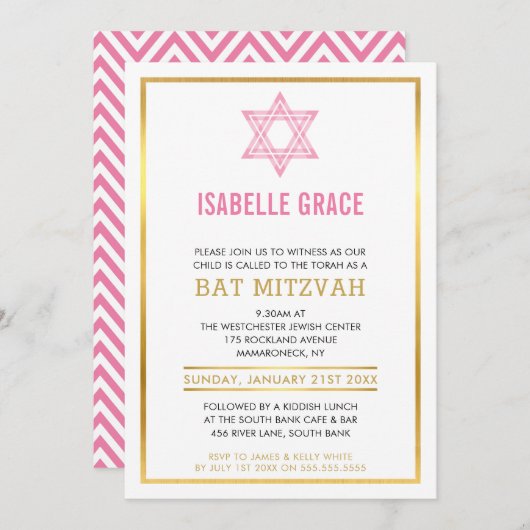 MODERNE BAT MITZVAH INVITE gouden roze joodse ster Kaart (Voorkant / Achterkant)