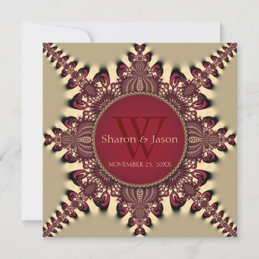 Moderne Batik Ster Monogram Diep Rood Goud Bruilof Kaart (Voorkant)